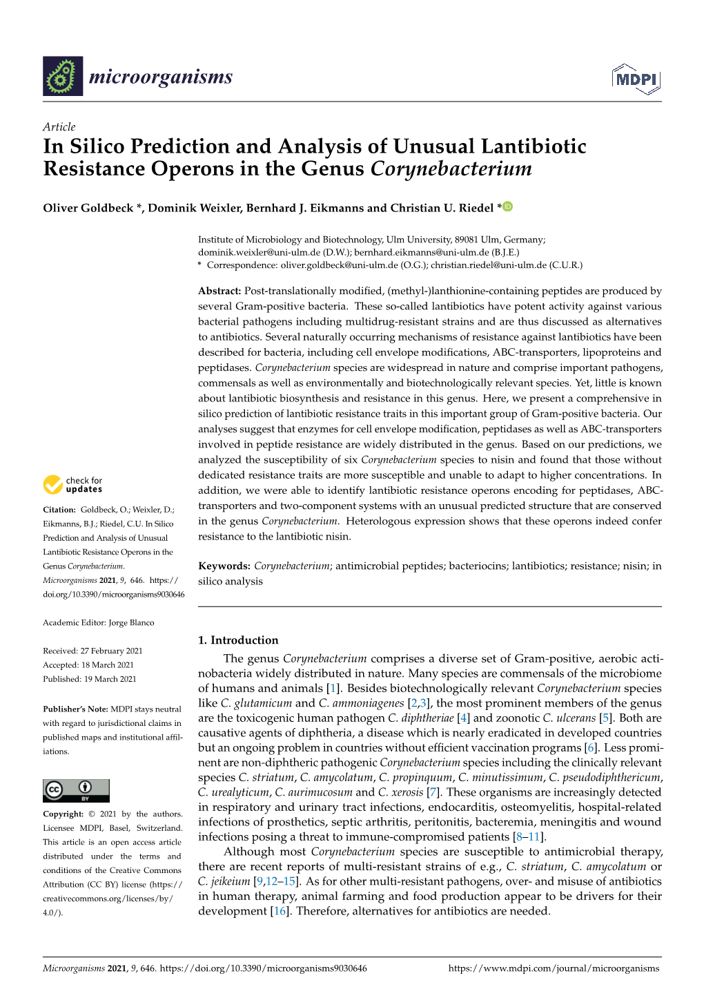 In Silico Prediction and Analysis of Unusual Lantibiotic Resistance Operons in the Genus Corynebacterium