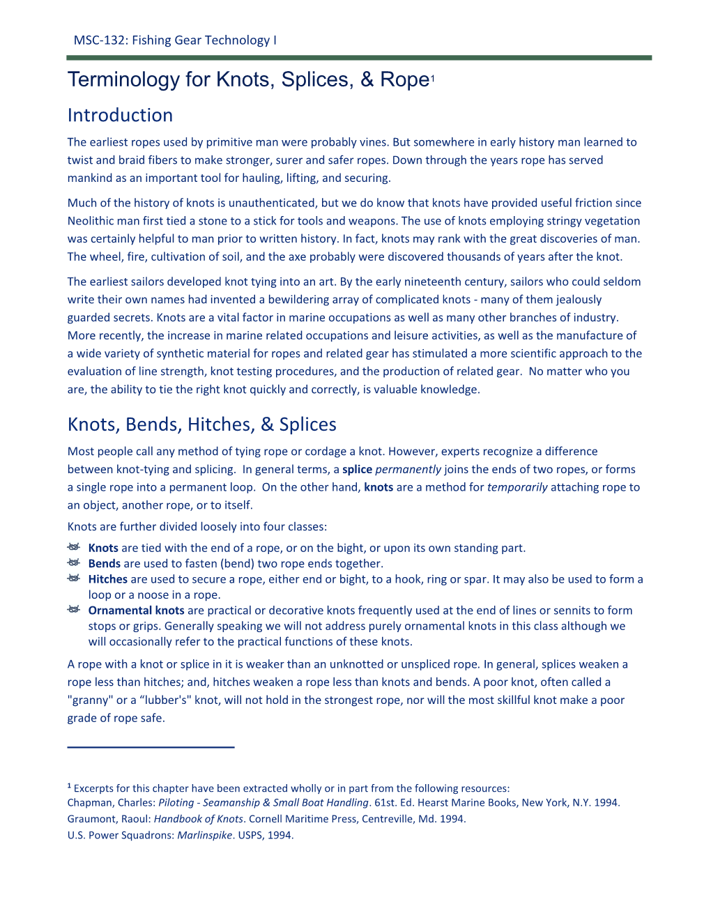 Terminology for Knots, Splices, & Rope1 Introduction Knots, Bends, Hitches, & Splices