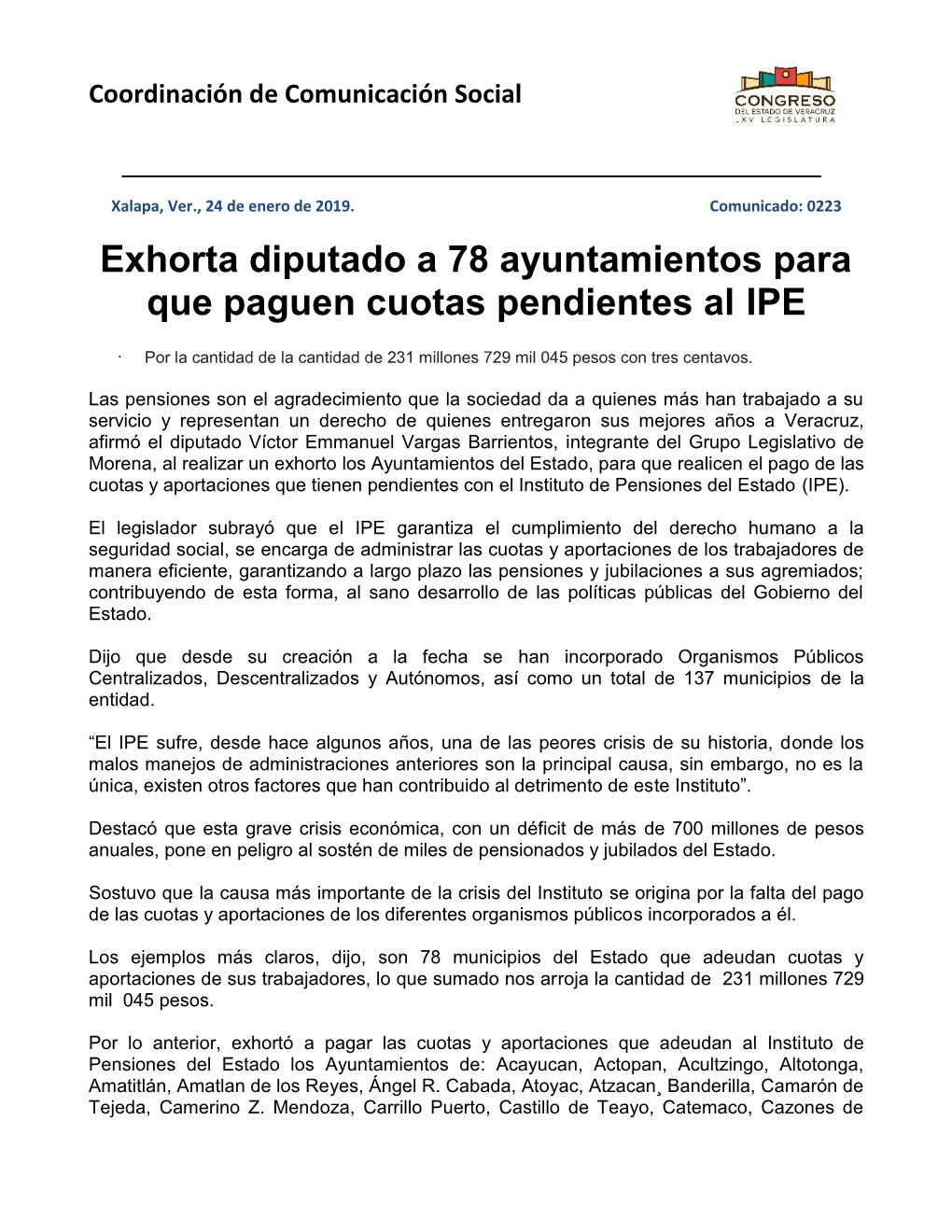 Exhorta Diputado a 78 Ayuntamientos Para Que Paguen Cuotas Pendientes Al IPE