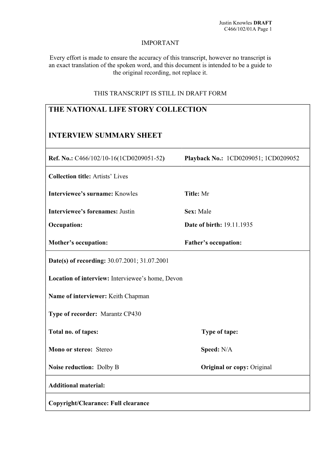 The National Life Story Collection Interview Summary Sheet