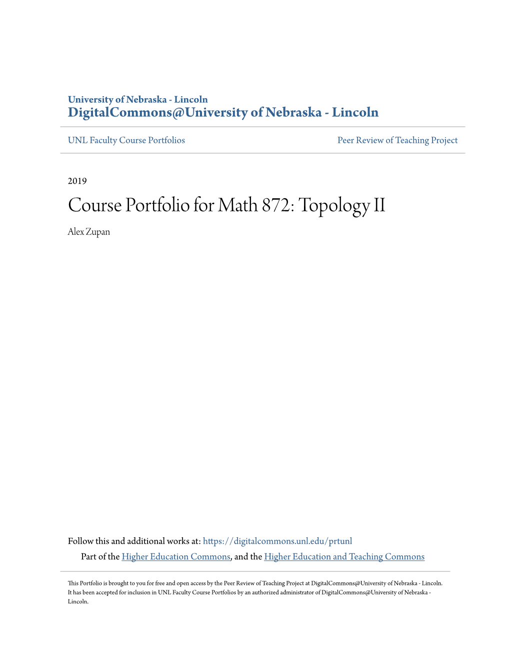 Course Portfolio for Math 872: Topology II Alex Zupan