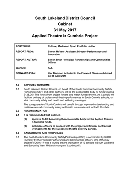 South Lakeland District Council Cabinet 31 May 2017 Applied Theatre in Cumbria Project