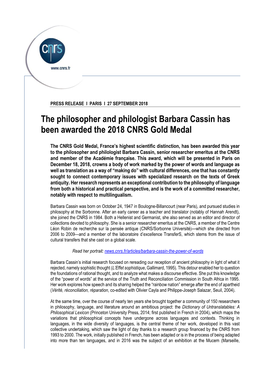 The Philosopher and Philologist Barbara Cassin Has Been Awarded the 2018 CNRS Gold Medal