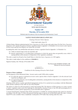 Government Gazette of the STATE of NEW SOUTH WALES Number 109 Thursday, 20 November 2014 Published Under the Authority of the Government by the Parliamentary Counsel