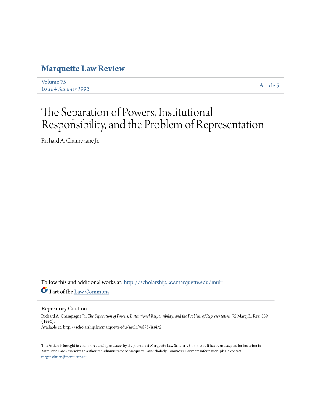 The Separation of Powers, Institutional Responsibility, and the Problem of Representation, 75 Marq