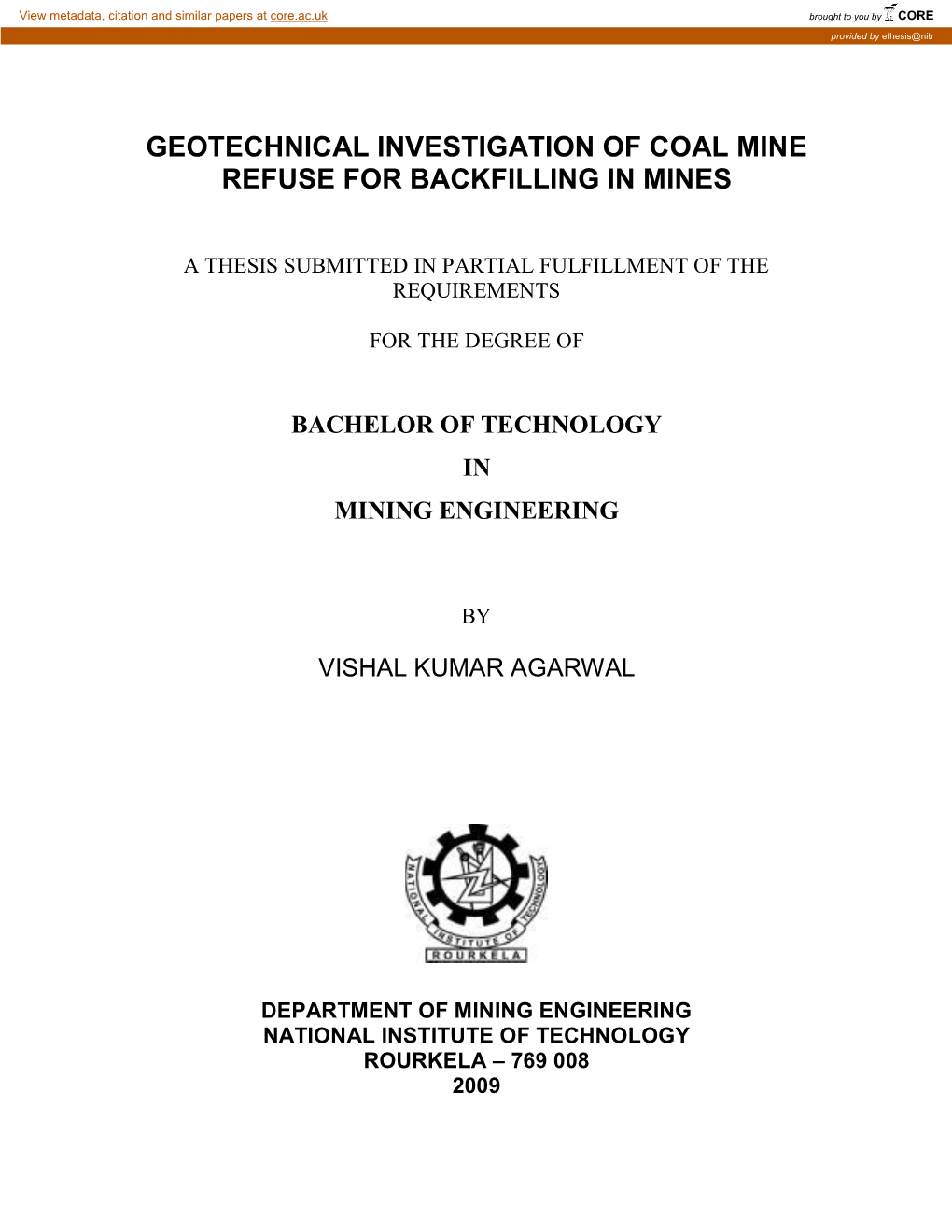 Geotechnical Investigation of Coal Mine Refuse for Backfilling in Mines