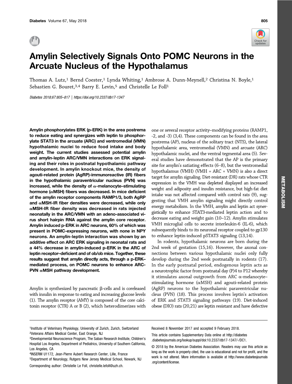 Amylin Selectively Signals Onto POMC Neurons in the Arcuate Nucleus of the Hypothalamus