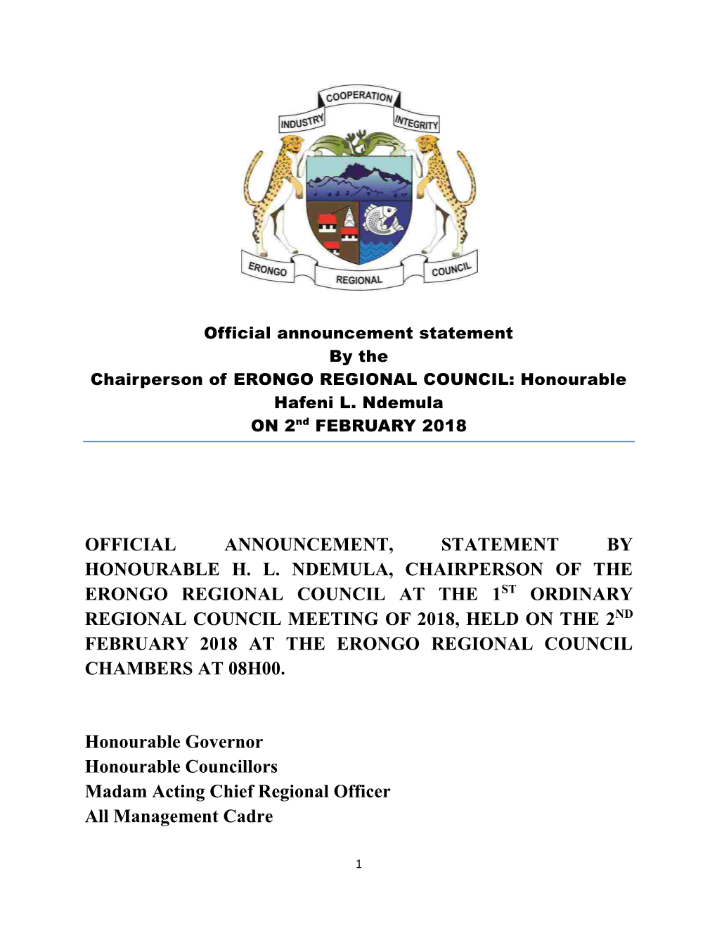 Official Statement by ERC Chairperson 2Nd February 2018