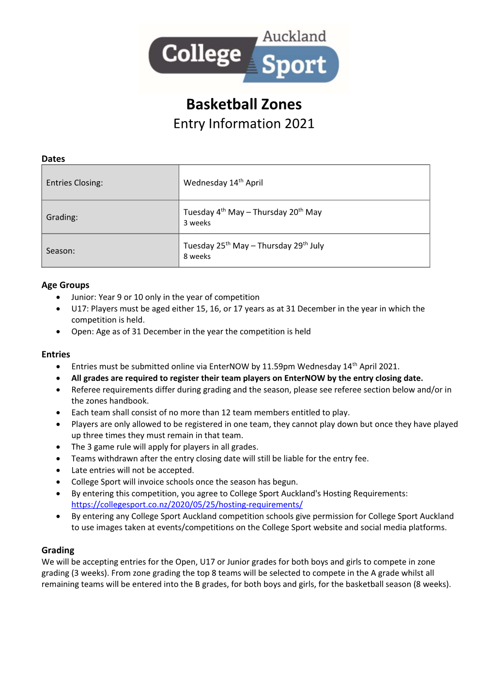 Basketball Zones Entry Information 2021