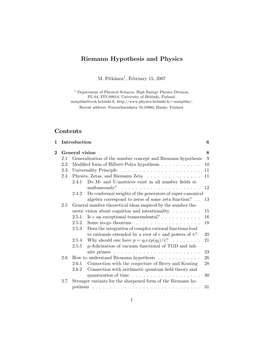 Riemann Hypothesis and Physics Contents