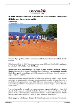 Il Park Tennis Genova Si Riprende Lo Scudetto: Campione D’Italia Per La Seconda Volta Di Redazione 13 Agosto 2020 – 20:14
