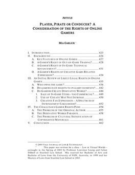Player, Pirate Or Conducer? a Consideration of the Rights of Online Gamers