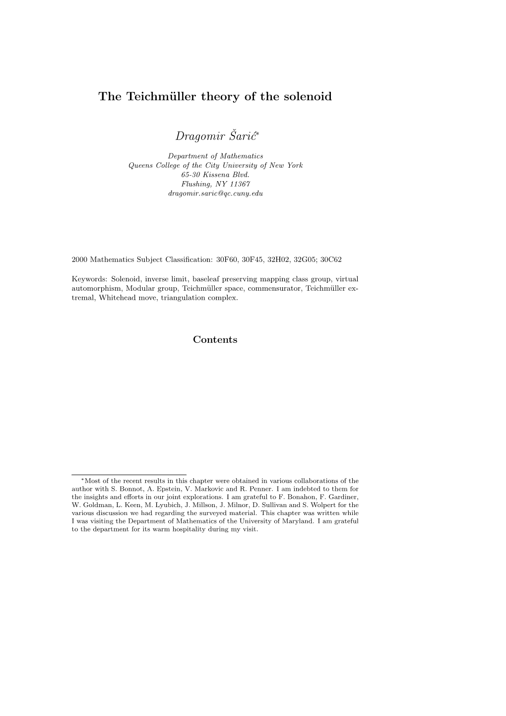 The Teichmüller Theory of the Solenoid Dragomiršaric∗