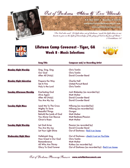 Out of Darkness Song Selections (Lifeteen Covecrest Tiger