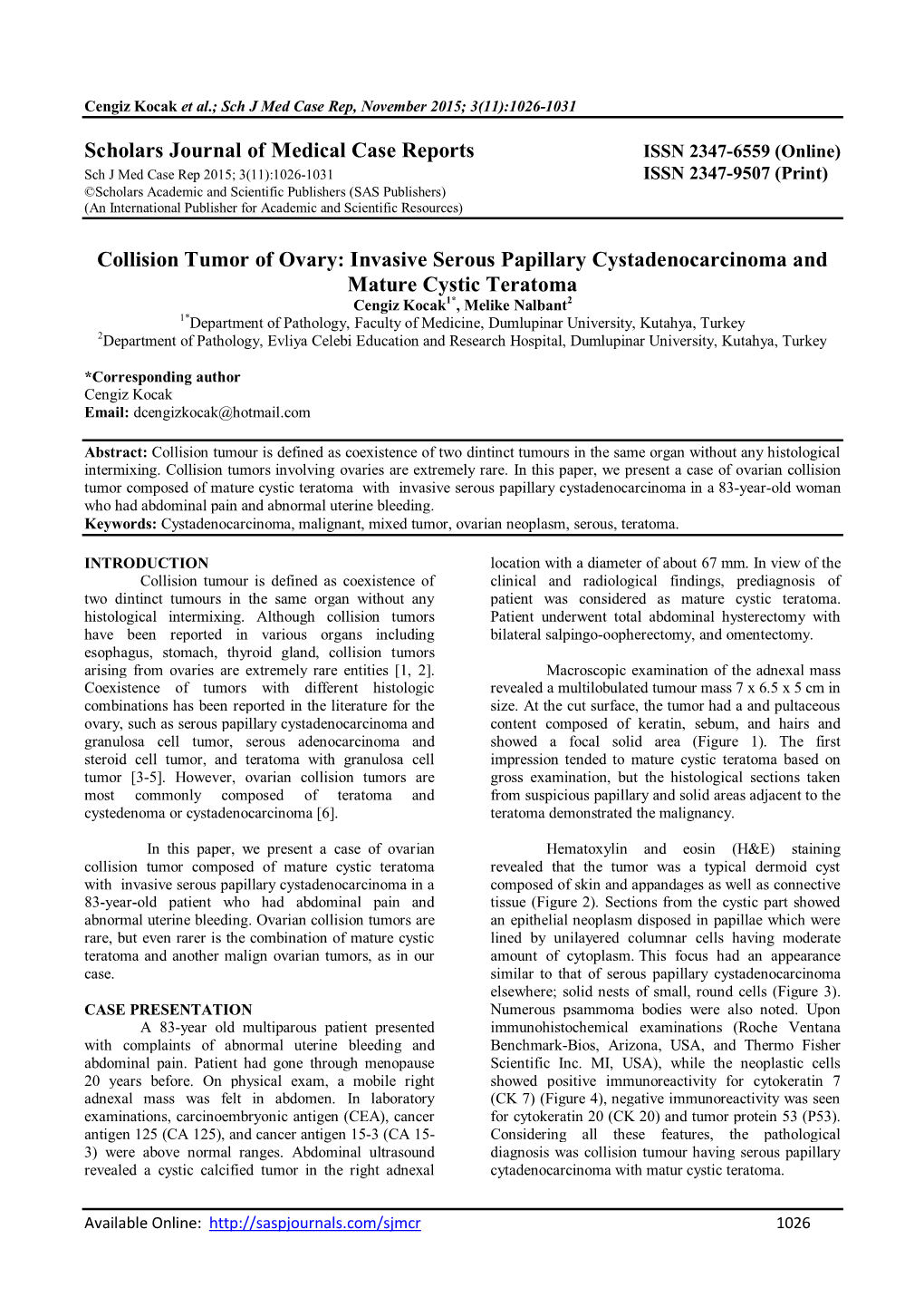 Scholars Journal of Medical Case Reports Collision Tumor of Ovary