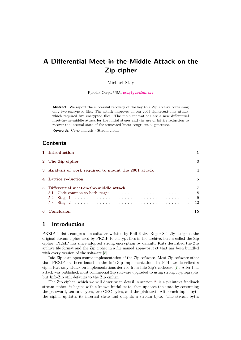 A Differential Meet-In-The-Middle Attack on the Zip Cipher