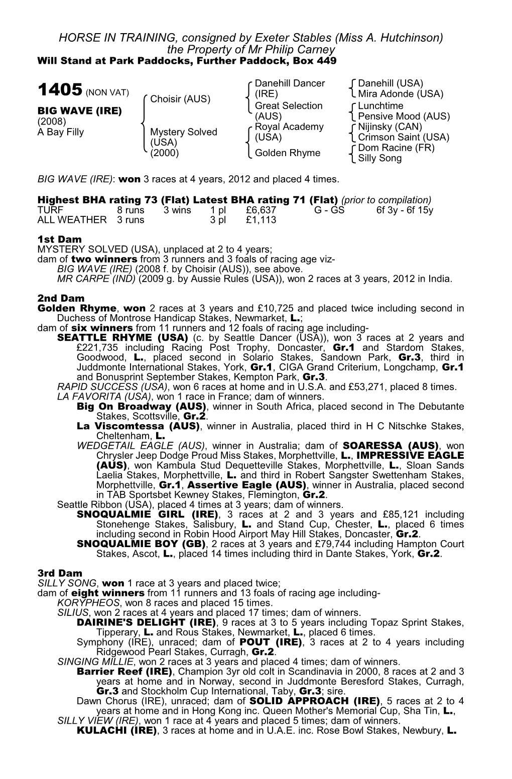 HORSE in TRAINING, Consigned by Exeter Stables (Miss A. Hutchinson) the Property of Mr Philip Carney Will Stand at Park Paddocks, Further Paddock, Box 449