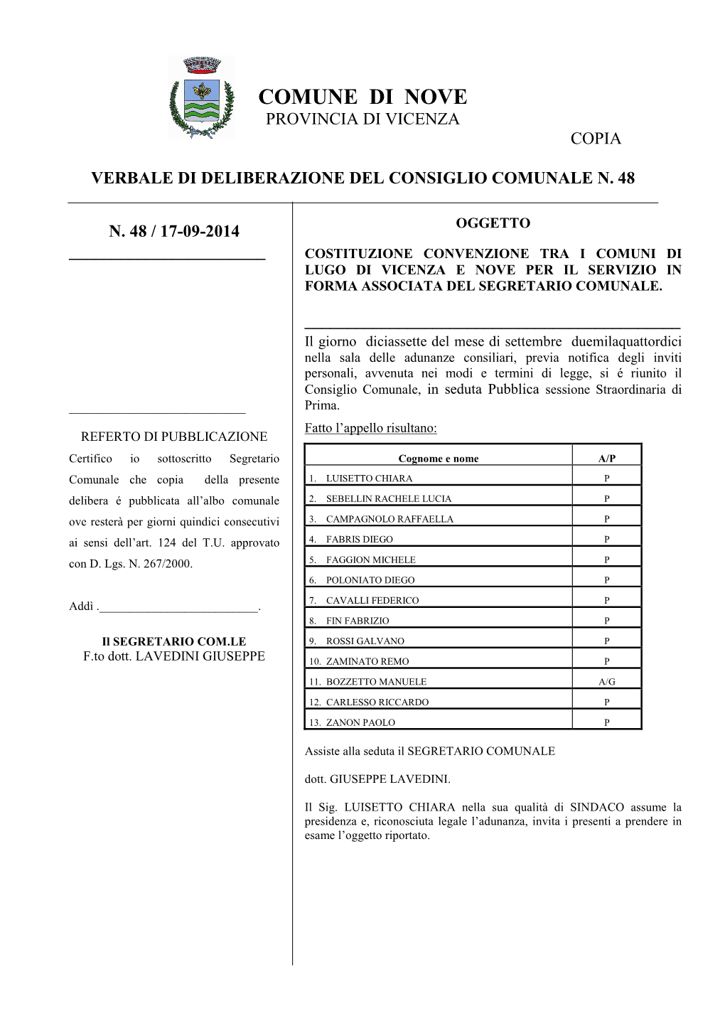 Comune Di Nove Provincia Di Vicenza Copia