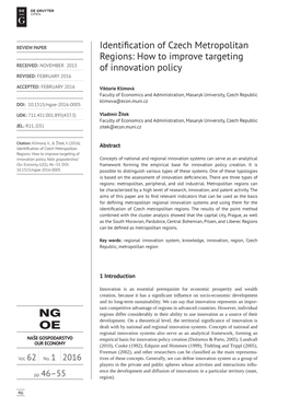 Identification of Czech Metropolitan Regions: How to Improve Targeting RECEIVED: NOVEMBER 2015 of Innovation Policy REVISED: FEBRUARY 2016