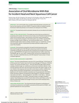 Association of Oral Microbiome with Risk for Incident Head and Neck Squamous Cell Cancer