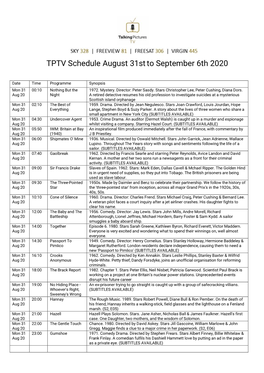 TPTV Schedule August 31Stto September 6Th 2020