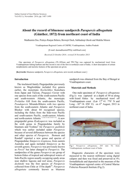 About the Record of Bluenose Sandperch Parapercis Alboguttata (Günther, 1872) from Northeast Coast of India