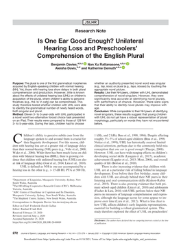 Is One Ear Good Enough? Unilateral Hearing Loss and Preschoolers’ Comprehension of the English Plural