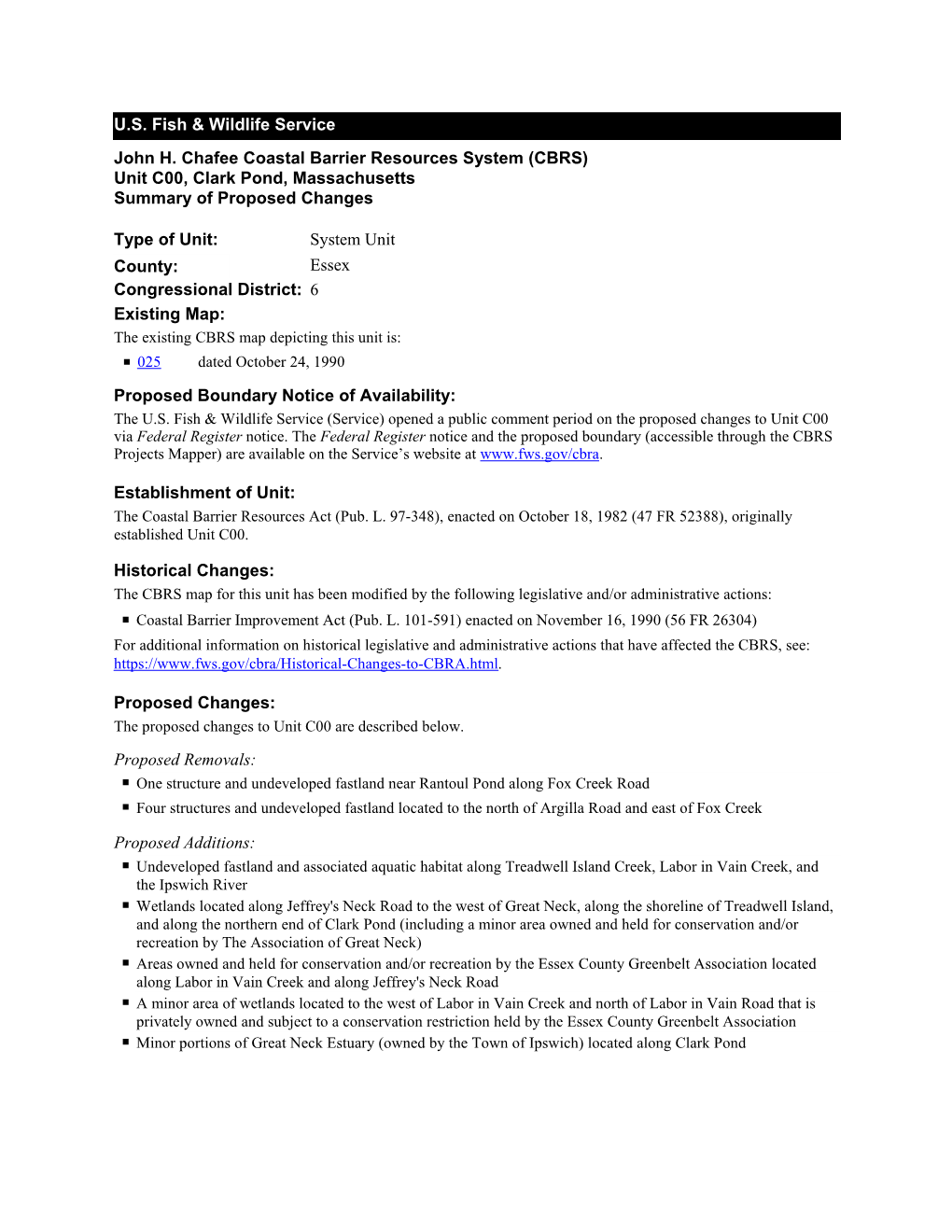 U.S. Fish & Wildlife Service Proposed Boundary Notice of Availability: John H. Chafee Coastal Barrier Resources System (CBRS