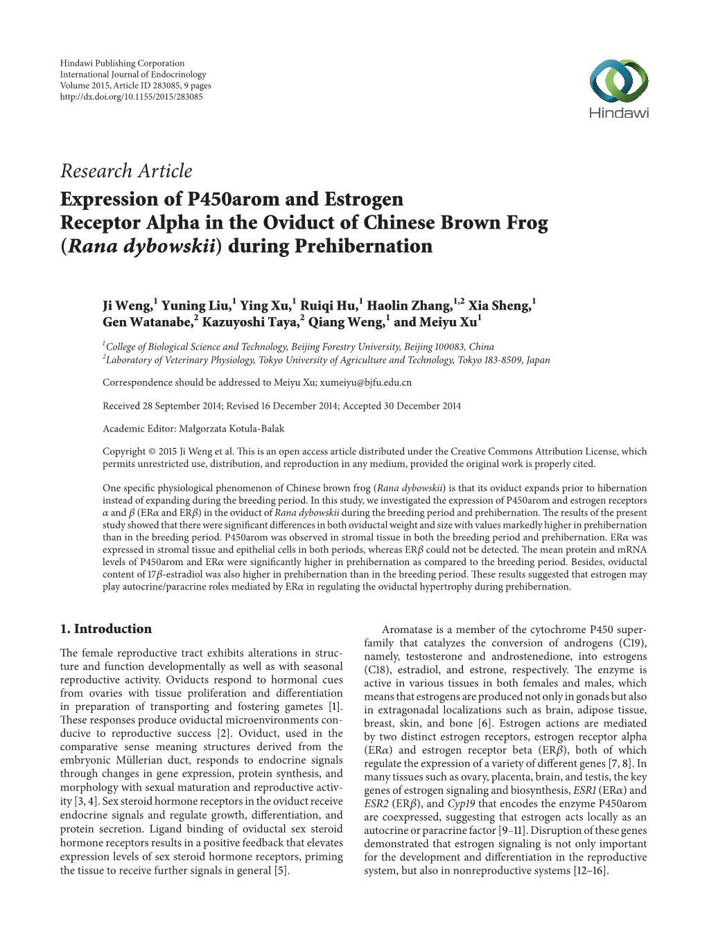 Research Article Expression of P450arom and Estrogen Receptor Alpha in the Oviduct of Chinese Brown Frog (Rana Dybowskii) During Prehibernation
