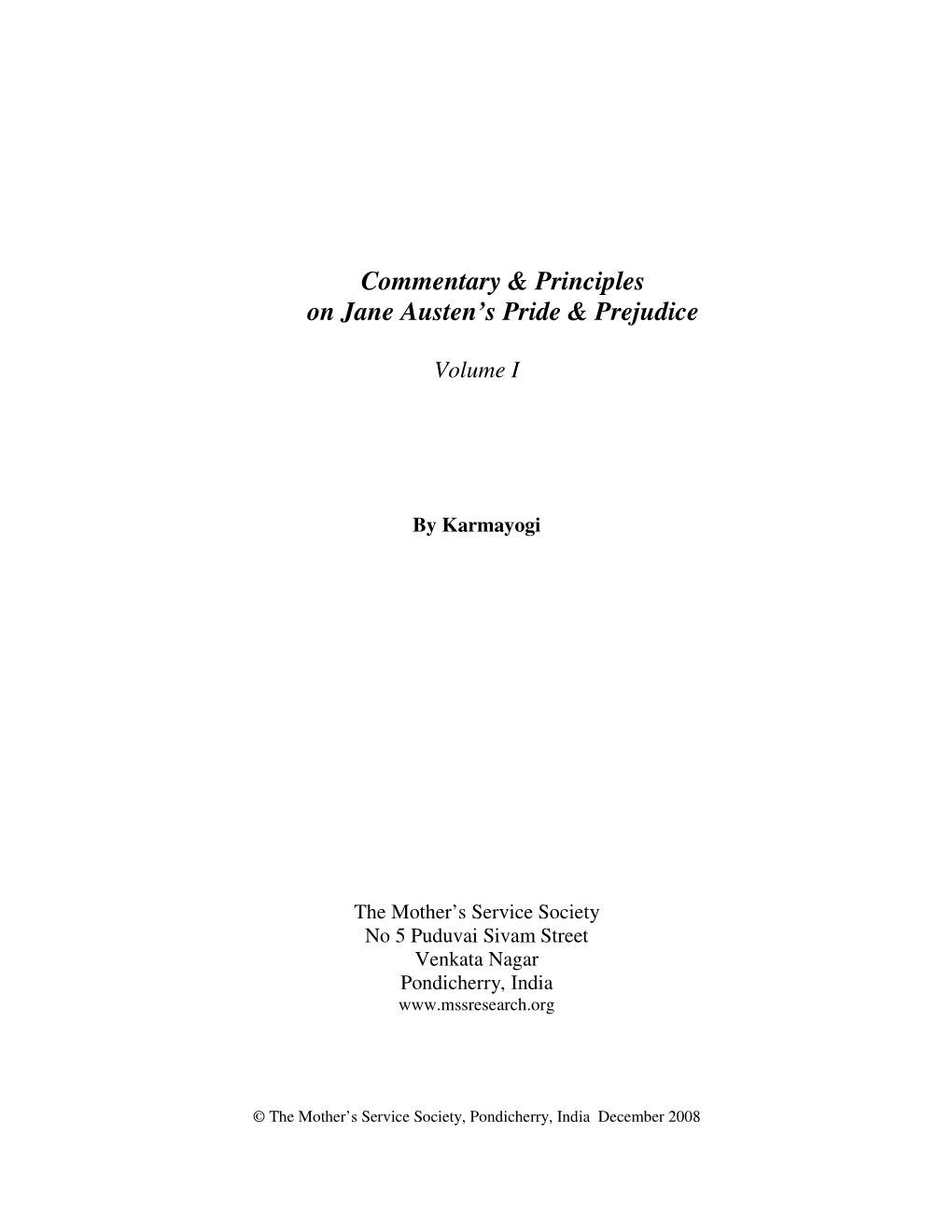 Commentary & Principles on Jane Austen's Pride & Prejudice