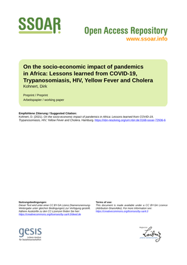 On the Socio-Economic Impact of Pandemics in Africa: Lessons Learned from COVID-19, Trypanosomiasis, HIV, Yellow Fever and Cholera Kohnert, Dirk