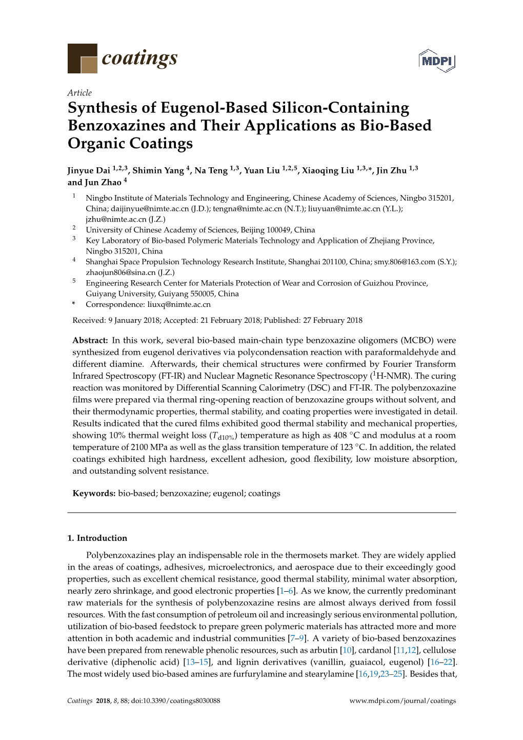 Synthesis of Eugenol-Based Silicon-Containing Benzoxazines and Their Applications As Bio-Based Organic Coatings