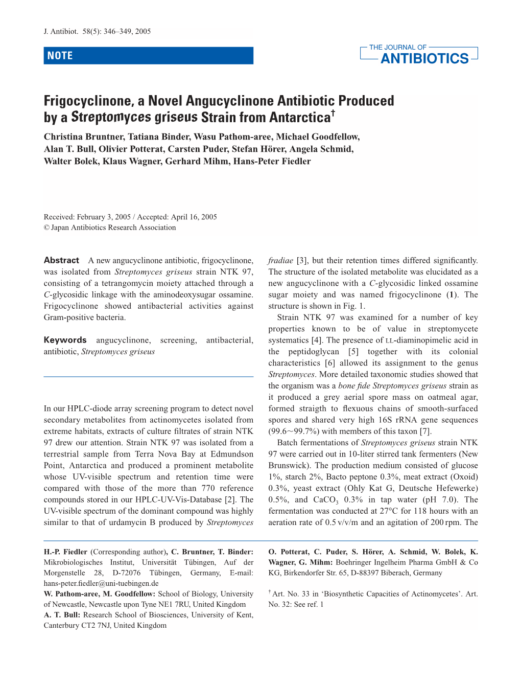Frigocyclinone, a Novel Angucyclinone Antibiotic Produced
