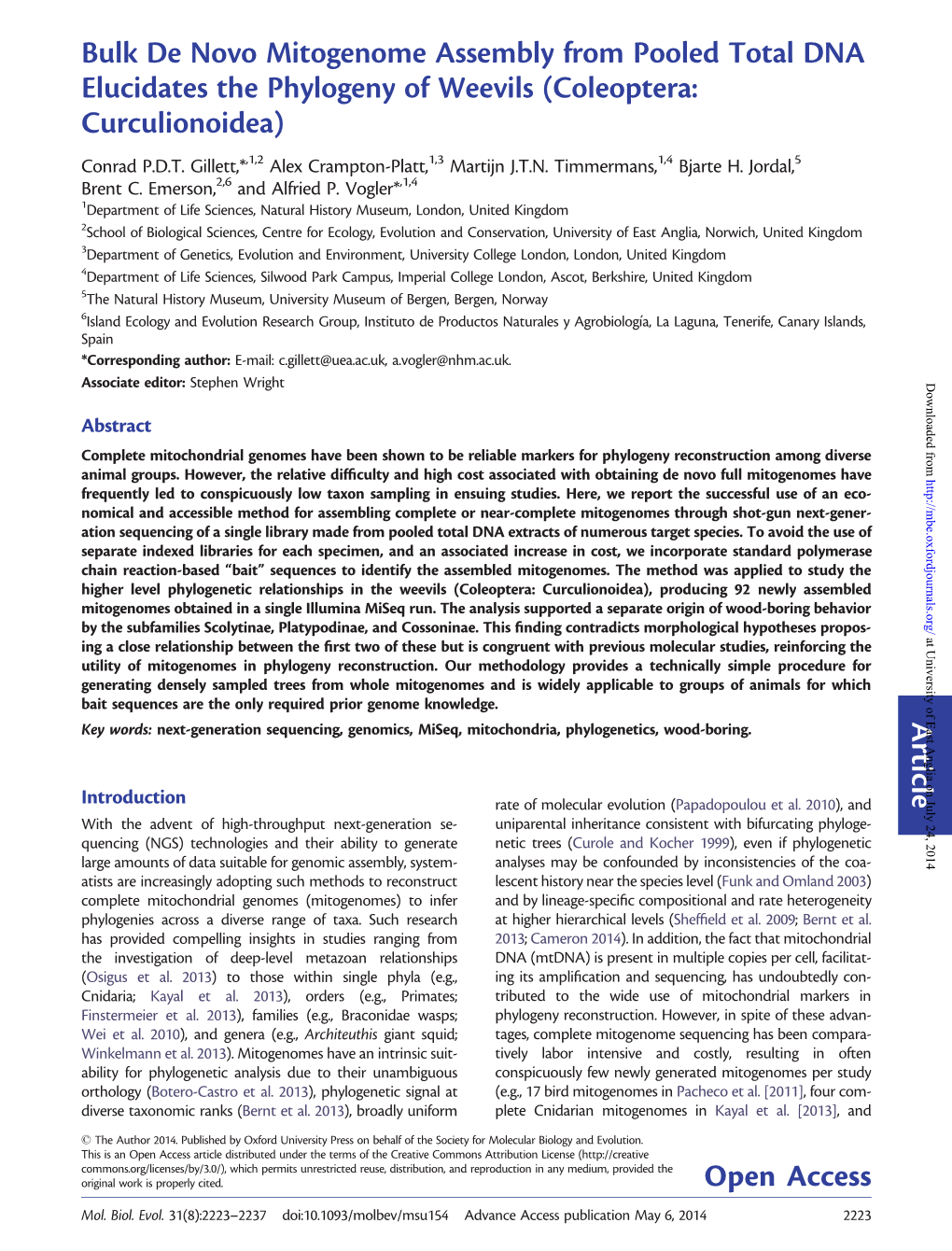 Article Bulk De Novo Mitogenome Assembly from Pooled Total DNA