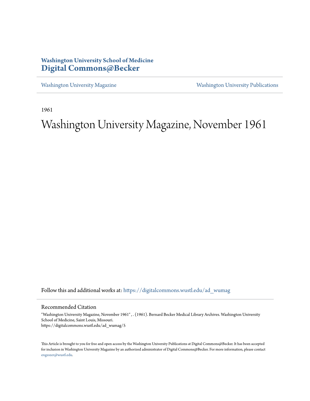 Washington University Magazine, November 1961