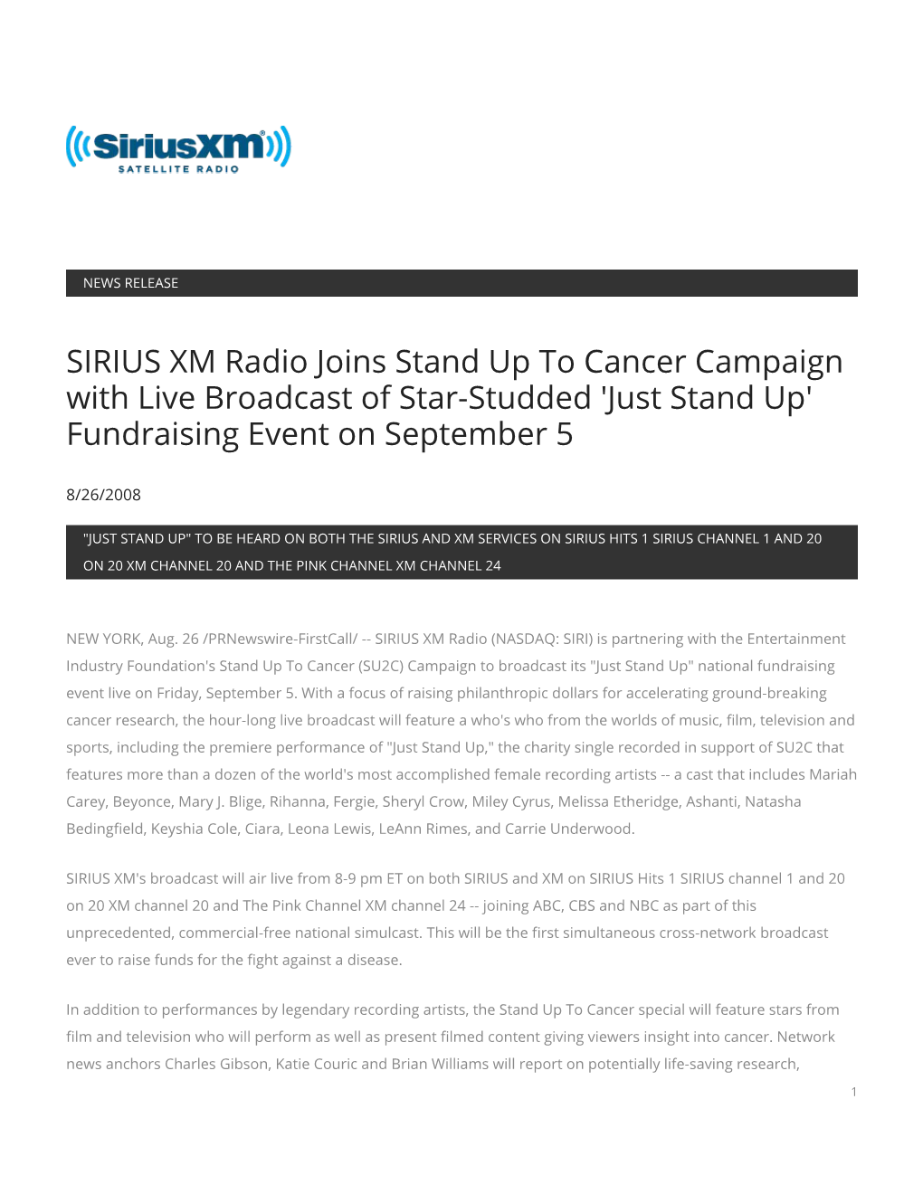 SIRIUS XM Radio Joins Stand up to Cancer Campaign with Live Broadcast of Star-Studded 'Just Stand Up' Fundraising Event on September 5