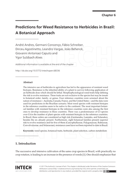 Predictions for Weed Resistance to Herbicides in Brazil: Apredictions Botanical Forapproach Weed Resistance to Herbicides in Brazil: a Botanical Approach