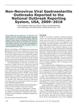 Non-Norovirus Viral Gastroenteritis Outbreaks Reported to the National Outbreak Reporting System, USA, 2009–2018 Claire P