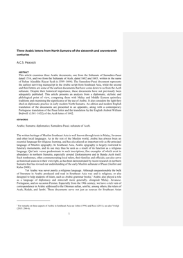 Three Arabic Letters from North Sumatra of the Sixteenth and Seventeenth Centuries A.C.S. Peacock