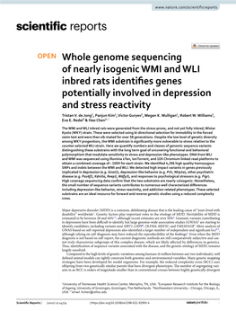 Whole Genome Sequencing of Nearly Isogenic WMI and WLI Inbred Rats Identifes Genes Potentially Involved in Depression and Stress Reactivity Tristan V