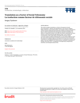 Translation As a Factor of Social Teleonomy La Traduction Comme Facteur De Téléonomie Sociale Sergey Tyulenev