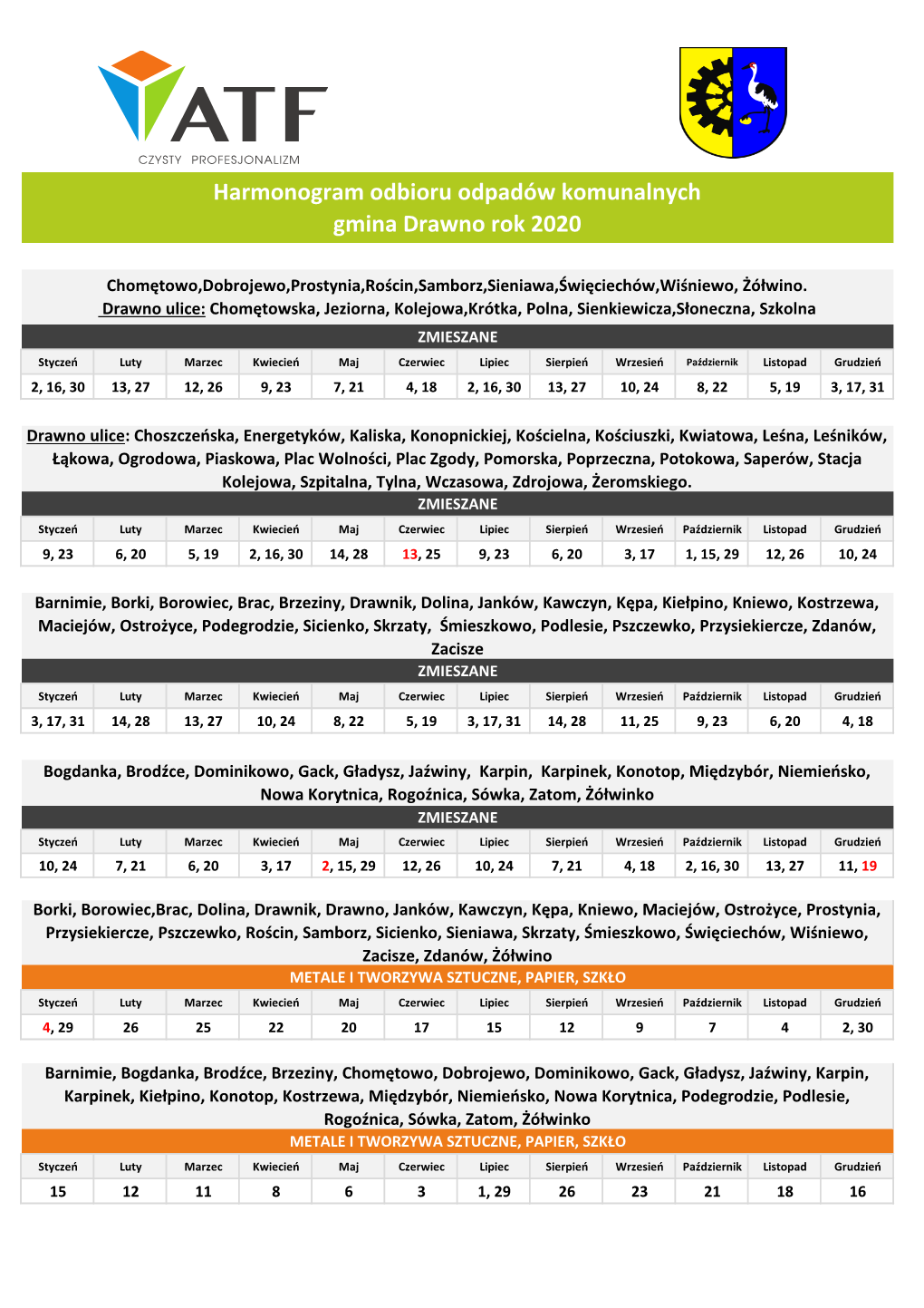 Harmonogram Odbioru Odpadów Komunalnych Gmina Drawno Rok 2020