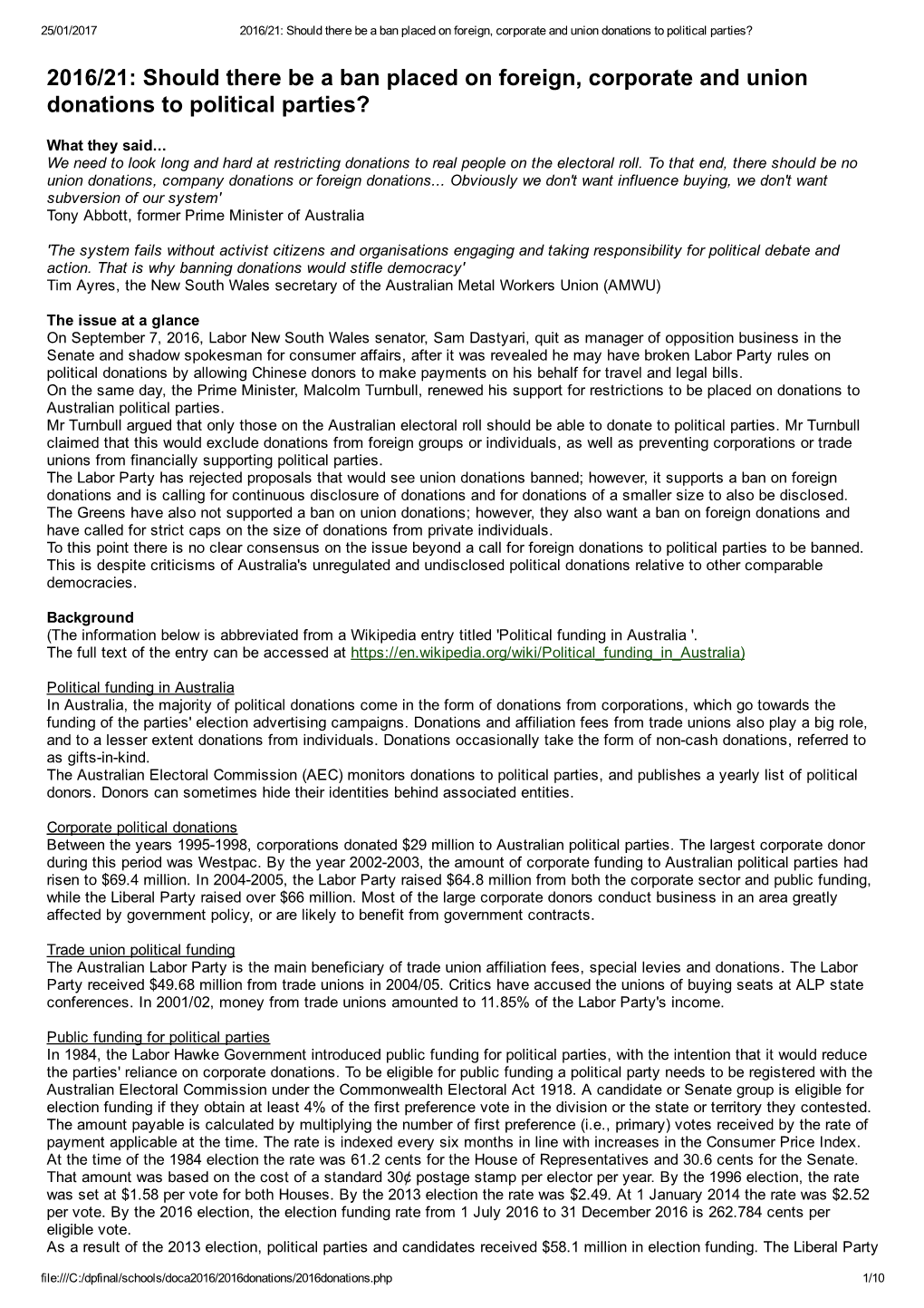 2016/21: Should There Be a Ban Placed on Foreign, Corporate and Union Donations to Political Parties?