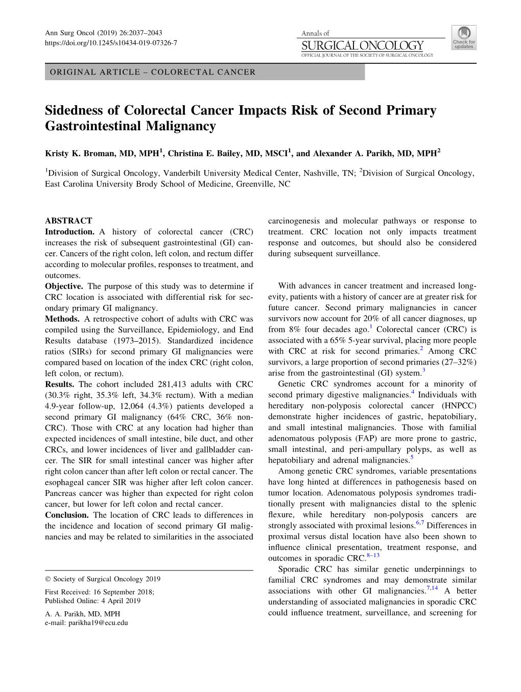 Sidedness of Colorectal Cancer Impacts Risk of Second Primary Gastrointestinal Malignancy