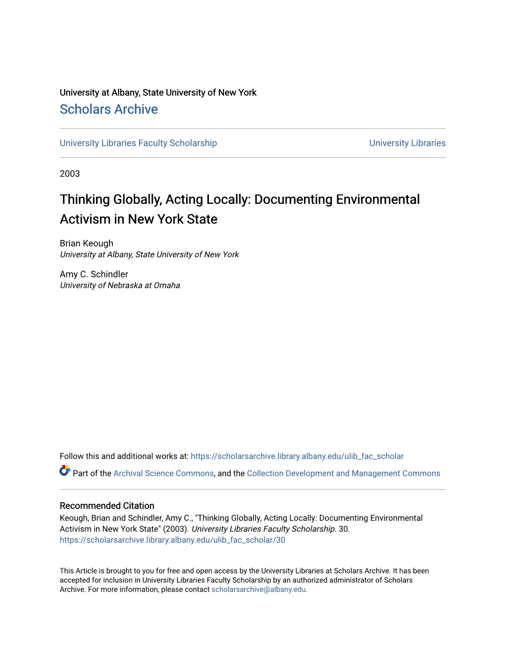 Thinking Globally, Acting Locally: Documenting Environmental Activism in New York State