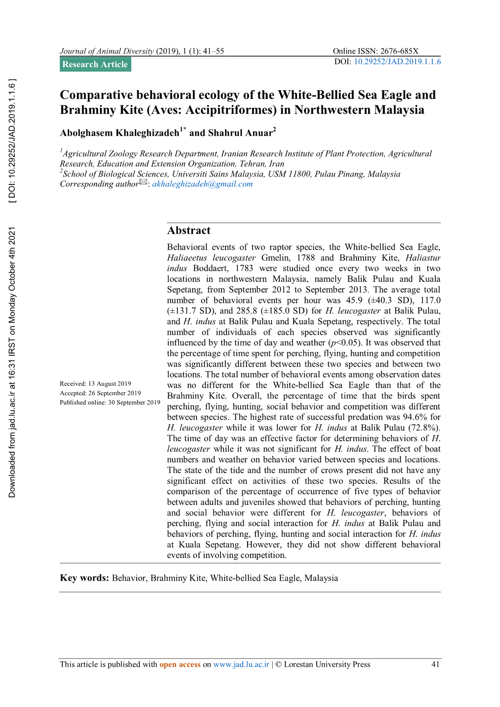 Comparative Behavioral Ecology of the White-Bellied Sea Eagle and Brahminy Kite (Aves: Accipitriformes) in Northwestern Malaysia