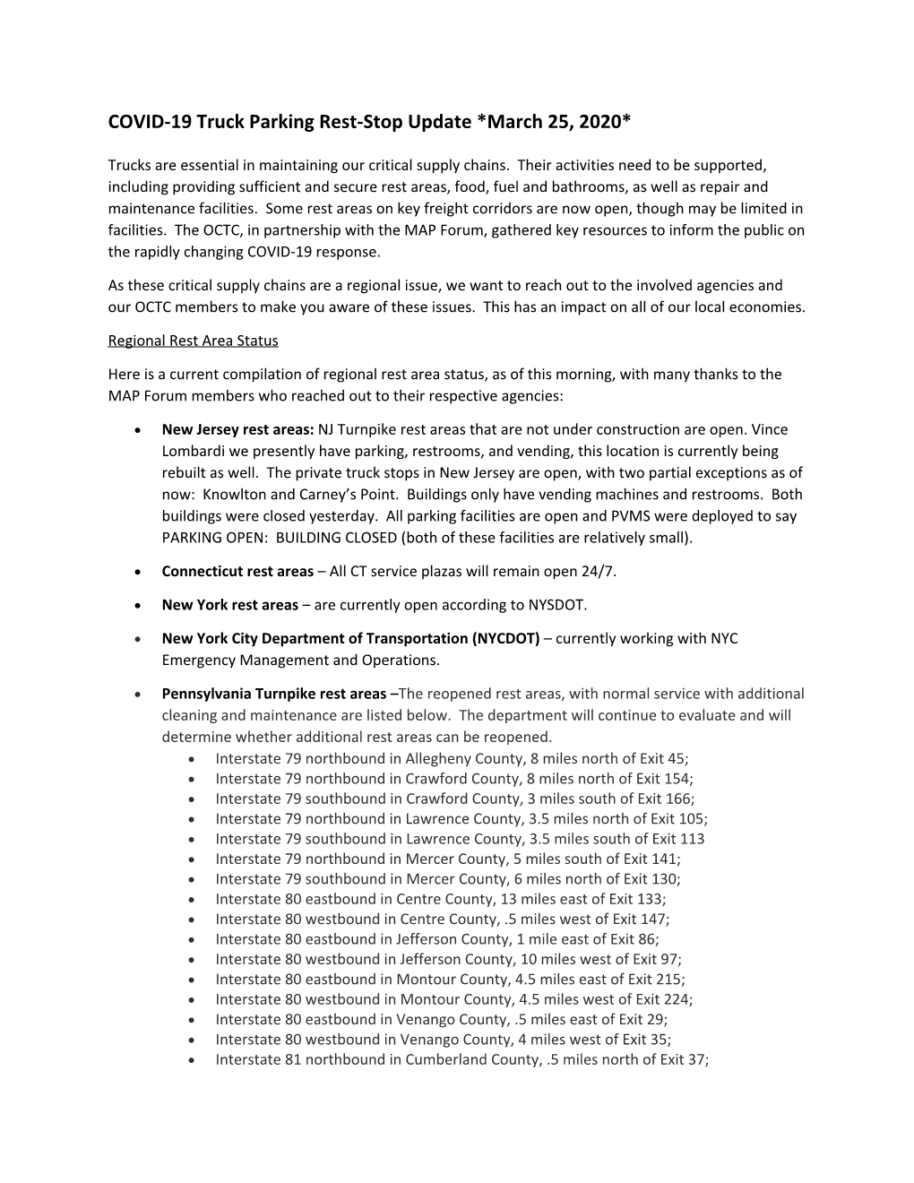 COVID-19 Truck Parking Rest-Stop Update *March 25, 2020*