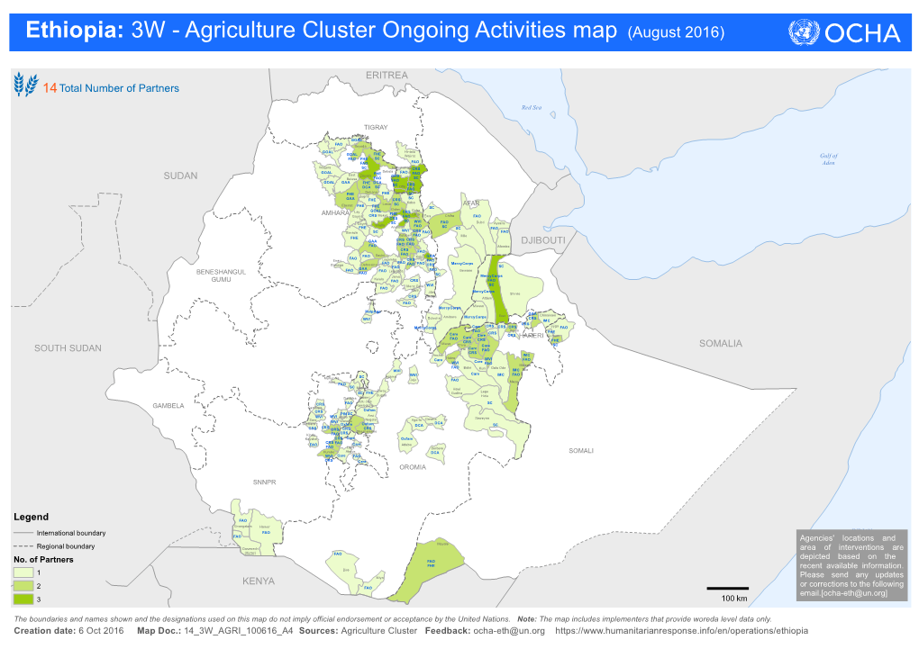 Ethiopia: 3W - Agriculture Cluster Ongoing Activities Map (August 2016)