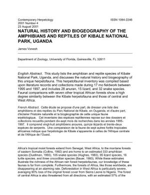 Natural History and Biogeography of the Amphibians and Reptiles of Kibale National Park, Uganda