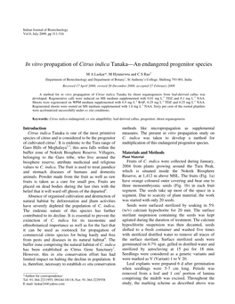 In Vitro Propagation of Citrus Indica Tanaka—An Endangered Progenitor Species